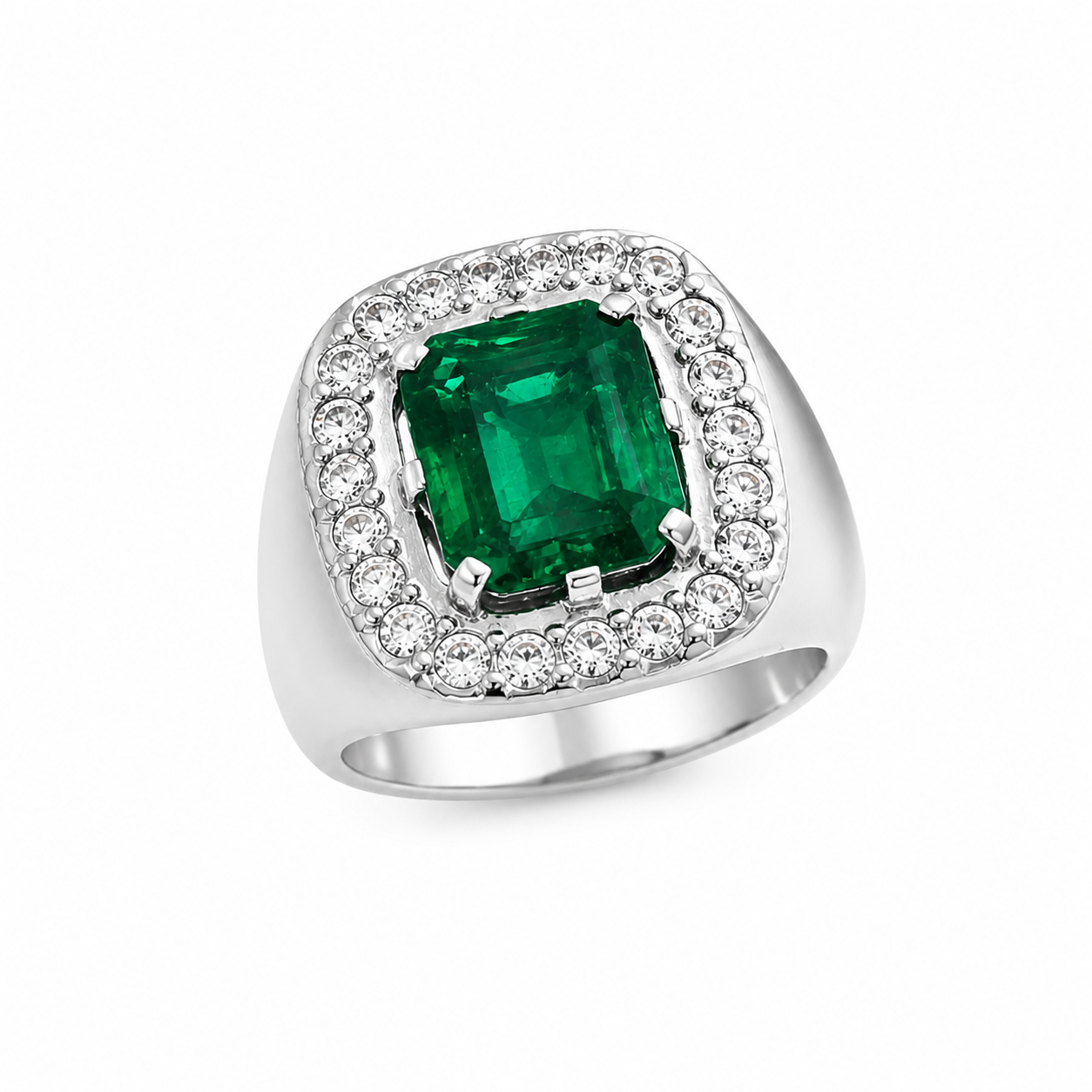 Emerald Halo Statement Ring in Silver – 7 Ct Center with Zircon Accents