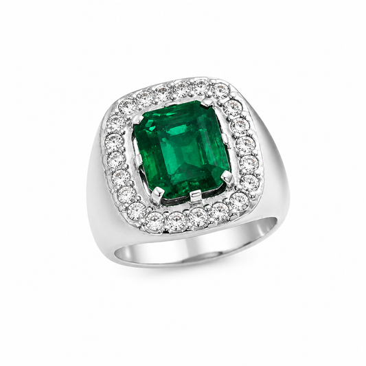 Emerald Halo Statement Ring in Silver – 7 Ct Center with Zircon Accents